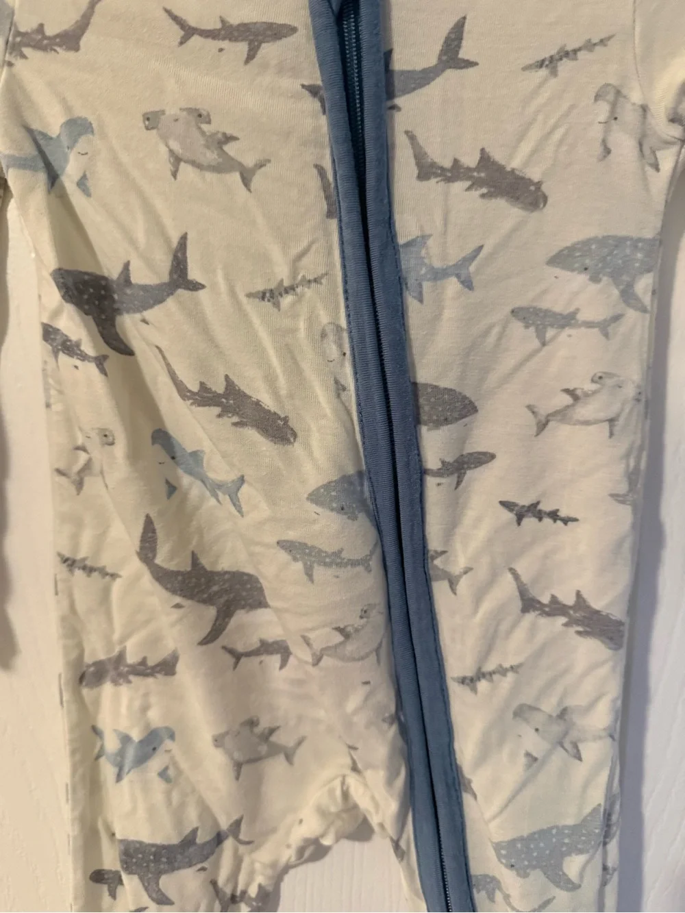 Angel Dear Baby Shark-Print One-Piece Romper in Cream and Blue